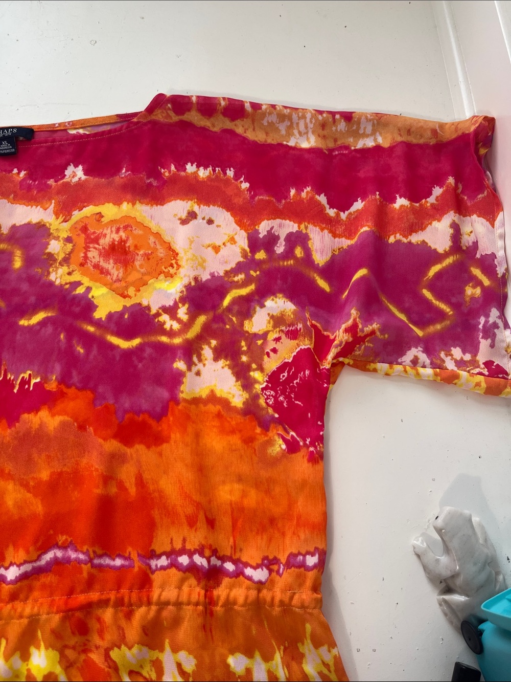 Chaps XL Short Sleeve Tye Dye Multicolor Sheer Blouse Tie Waist - Picture 2 of 5